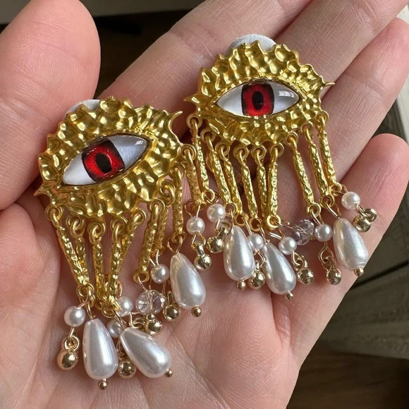 Red Evil Eye Protection Pearl Dangle Earrings - Picture 6 of 8